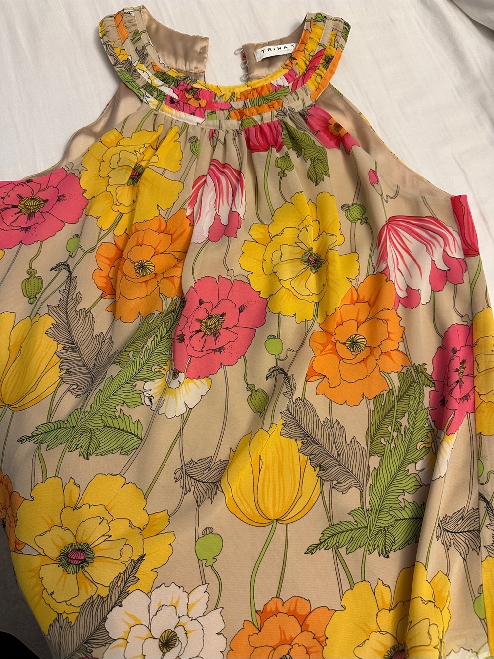 Trina Turk Beige Floral Halter Camisole with Yellow, Pink & Orange Blooms